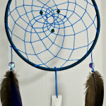 Custom dreamcatcher with crystal beads, hyacinth macaw feathers and crystal pendant.