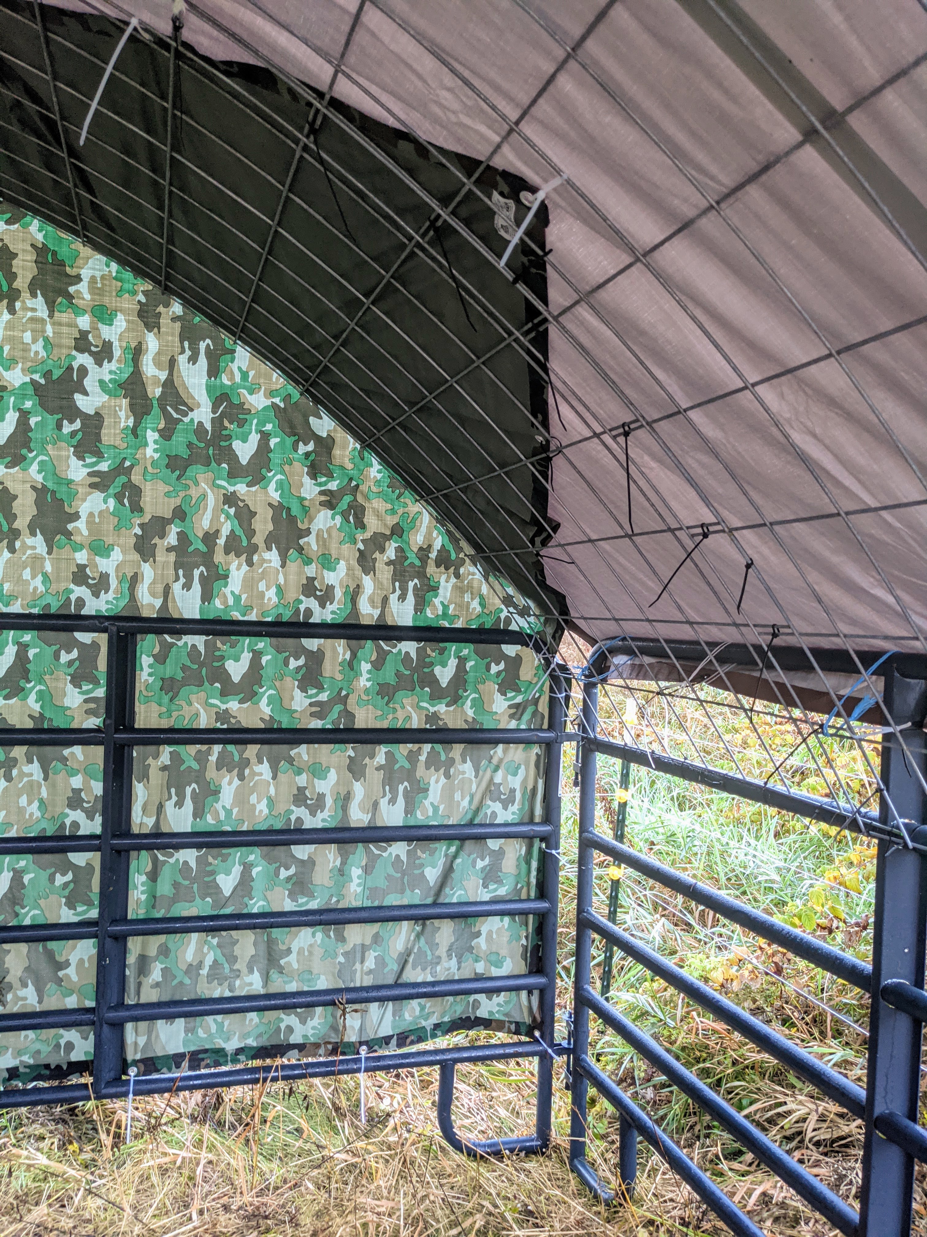 Rear tarp is tucked securely underneath the roof tarp and secured everywhere